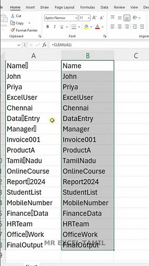 CLEAN function in Excel in Tamil