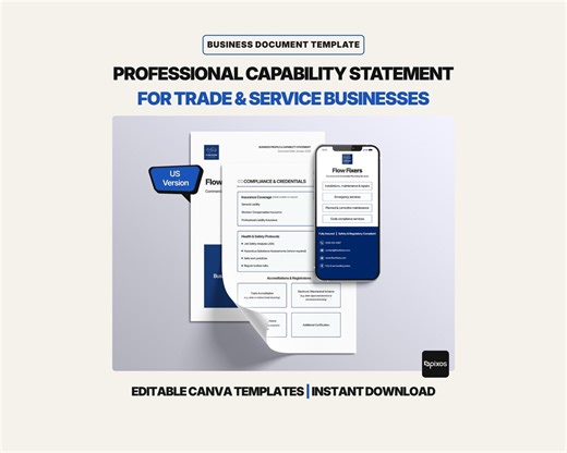 Capability Statement Template for Plumbers | Professional Business Profile | Canva Editable Document | US Version - Etsy