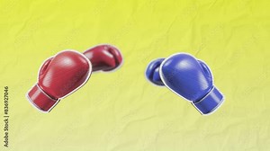 Two boxers in blue and red boxing gloves compete and try to punch each other. Boxing concept. Stop motion animation in Cardboard style on yellow paper background