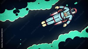 Astronaut in spacesuit with jetpack flies in space among clouds of cosmic dust - retro cartoon animation. Vintage Spaceman in space - comic style.