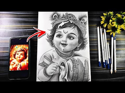 Janmastami Little krishna Drawing, Pencil shading Tutorial, Bal Gopal With Makhan Handi Drawing