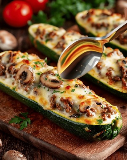 Mushroom and Cheesy Ground Meat Stuffed Zucchini Boats Ingredients 3 medium zucchini (about 6 ounces each) 1 tablespoon olive oil 1 pound lean ground meat (beef, turkey, or chicken) ...... Full Recipe in Coʍmеոτ 💬 | Made By Luna