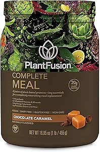 PlantFusion Complete Meal Replacement Shake - Plant Based Protein Powder with Superfoods, Greens & Probiotics - Vegan, Gluten Free, Soy Free, Non-Dairy, No Sugar, Non-GMO - Chocolate Caramel 1 lb