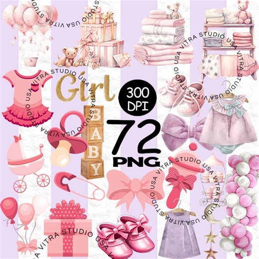 Watercolor Baby Girl Clipart, Pink Nursery Graphics V053 - Etsy