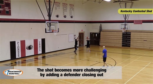 6.7K views · 43 reactions | Kentucky Contested Shot Drill - Develop a Quicker Shot Release In order to become an elite shooter, you need to practice shooting against a defender closing out on you and putting a hand in your face. Here is a fun way to work on improving your shot against defensive pressure from Coach Jim Huber. | Breakthrough Basketball | Facebook