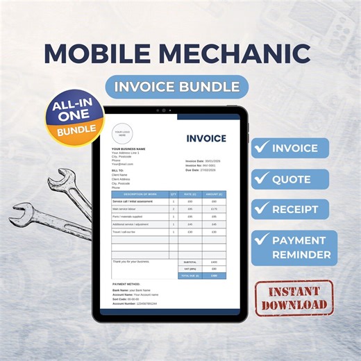 Mobile Mechanic Invoice Bundle | Invoice, Quote, Receipt & Payment Reminder | UK Trades Templates | Editable and Printable - Etsy