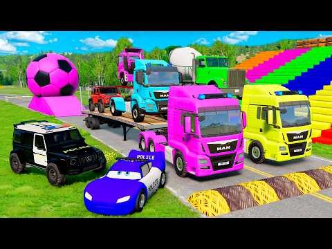 Triple Flatbed Trailer McQueen Transportation with Truck - Speedbumps vs Cars vs Train - BeamNG #