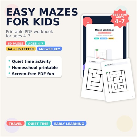 40 Easy Mazes for Kids Printable PDF | Preschool and Kindergarten Maze Worksheets | Ages 4-6 | A4 and US Letter - Etsy