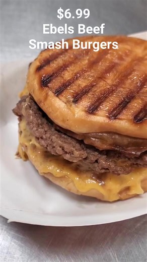 🍔Reed City is serving up fresh Ebels Beef Smash Burgers for lunch in the deli, starting at 11am weekdays while they last for only $6.99! Have you had one? If not, what are you waiting for?!😋 #ebels #burger #reedcity #lunch #lunchbreak | Ebels General Store