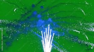 Dynamic fireworks display erupts against vibrant green screen backdrop, perfect for special effects and compositing projects