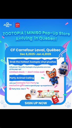Vanier Otaku Club on Instagram: "📣 Calling all Zootopia fans!🦊 MINISO is asking us to give to your attention that the world of Zootopia is coming to Laval — the MINISO Zootopia Pop-Up is happening soon! 🐾 Tons of amazing opportunities for Xmas gifts!🎅 Let us know what you guys want us to do with the goodies that we get thanks to @miniso.official!😱 📅 December 6, 2025 📍 CF Carrefour Laval, Montréal Event Highlights: ✨ Priority entry ✨ $50 voucher with $70+ purchase ✨ Zootopia gift set — sho