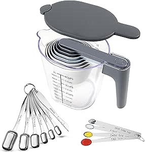 22 Piece Measuring Cups and Spoons Set, Stainless Steel Measuring Spoons Set and Stackable Measuring Cup with Lid for Liquid and Dry Ingredients, Cooking Baking Gadgets