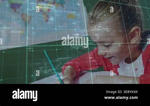 Student touching teal pencil to notebook, writing while teal grid steady over hand for learning. Pupil, classroom, desk, map, board, focus, concentration Stock Video Footage - Alamy