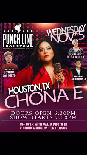 Joanna Estrada-Chona E on Instagram: "H-Town, let’s get loud! Chona E one night only, Nov 5. Pa’ las señoras que need a break and a good laugh… bring your panty liners, it’s gonna get leaky. 💃🏽😂 TICKET LINK IN BIO"