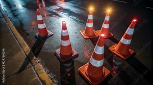 Traffic cones with flashing warning lights standing on glistening wet asphalt, creating visual safety markers during nighttime road maintenance and traffic control scenarios