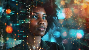 Female Computer Engineer Works on a Neural Network Artificial Intelligence Project. IT specialist, artificial intelligence collage. Working in a data center. Generate AI.