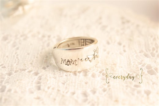 Mom | Spoon Ring • Handmade • Hand Stamped Ring • Authentic Vintage Silverplate Silverware • Ornate Spoon Jewelry - Etsy