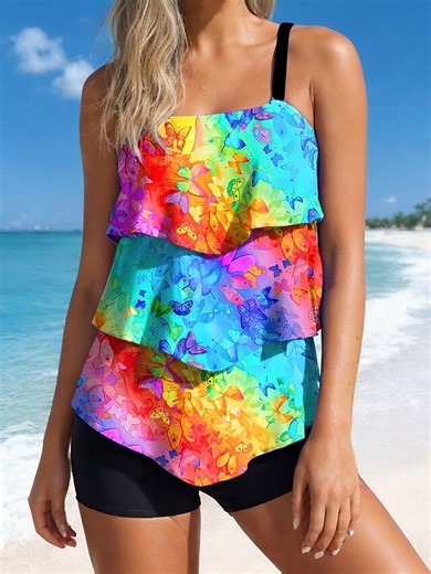 Women's Swimwear Tankini 2 Piece High Waist Swimsuit Ruffle Layered Backless Vacation Beach Wear Ombre Graphic U Neck Sleeveless Bathing Suits 2025