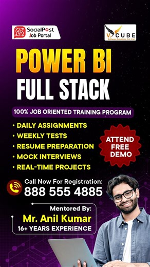 SocialPost JobPortal on Instagram: "Power BI Full Stack – Online / Offline Training 🚀 Limited seats available – Batch starting soon! Want to start a career in data & analytics but don’t know where to begin? Join our Power BI Full Stack Training and learn from real-time industry experts. 📲 Register Now: 8885554885 👨‍🏫 Trainer: Real-Time Industry Experts 📅 Starting On: Batch starting soon 🖥️ Mode: Online / Offline ⭐ Training Highlights: ✔ Power BI Desktop & Service ✔ DAX & Data Modeling ✔ SQ