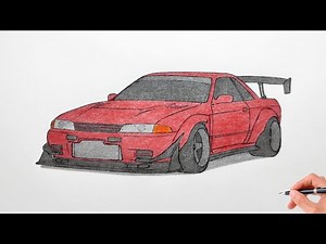 How to draw a NISSAN SKYLINE GT-R R32 1989 / drawing nissan gtr 1990 widebody stance car