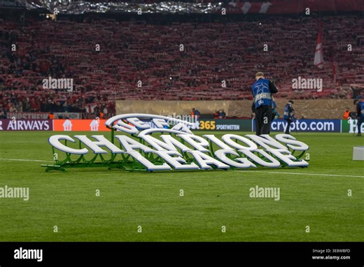 GER, Bavaria, Munich, Fussball, FC Bayern Munich - Real Madrid CF, at the Allianz Arena, Munich, Champions League, Quarter finals, second leg, April 15, 2026, from left: crest, banners, logo, Champions League, before the match UEFA regulations prohibit any use of photographs as image sequences and or quasi-video, (Photo by HMB-Media/Michael Nibel/Sipa USA Stock Photo - Alamy