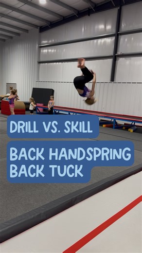 The Tumble Hub on Instagram: "Drill vs Skill 👇 Round off → back handspring → back tuck This drill teaches the exact body action needed for a strong back tuck out of a round off back handspring. From the top of the push-up, athletes: • Drive the feet and knees forward • Roll backward with speed • Snap the arms up by the ears quickly Why it works 👇 This drill trains leg drive, core engagement, and fast arm lift — all key pieces for converting horizontal power into vertical lift for a RO BHS back