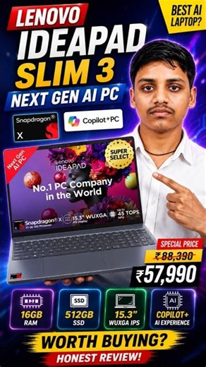 Lenovo IdeaPad Slim 3 AI PC Review 🔥 Snapdragon X + Copilot+ | Best AI Laptop Under ₹60,000? #lenovo