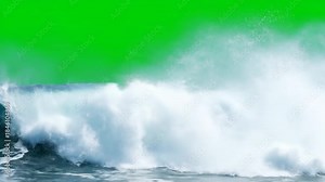 Ocean Wave Crashing on Green Screen - A large ocean wave crashes and foams with spray against a bright green screen background.