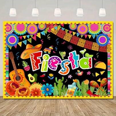 2Dflat- 1pc Mexican Party Design Displaying Cacti, Hats, Pinatas And Bright Floral Patterns, Perfect For Mexican Holiday Parties. | SHEIN