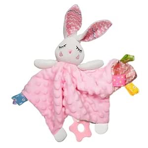 Soothe&Sense Baby Security Blanket with Teether, Rattle, Crinkle Fabrics & Taggies, Soft Sensory Lovey Newborn Essentials Snuggle Stuffed Animal (Pink Bunny)