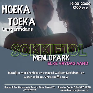 Moeg gesit? Die week was lank, en jy verdien 'n breek! Kom los jou hare en kom geniet 'n lekker langarm- en sokkie-jol saam met ons. Die naweek begin hier! 💃🕺 Kom dans die spanning af by Hoeka Toeka Langarmdans! Elke Vrydag vanaf 19:00 tot 23:00 trek ons die dansvloer plat! Dit is die perfekte geleentheid om ou vriende te sien, nuwe mense te ontmoet en jou hart uit te dans. Waar: Round Table Community Centre, 26ste Straat 19, Menlopark. Inkomste: Net R100 per persoon. Onthou, julle is welkom o