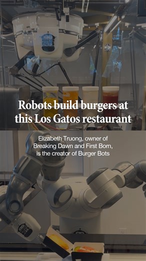 Peninsula Foodist on Instagram: "Craving a burger? A pair of robots will build it at this Los Gatos restaurant. 🍔🤖 @burgerbots, the newest creation by @itselizabethtruong, allows burgers to be made consistently and transparently, she said. Truong is the founder and owner of the @om.restaurantgroup, which includes brunch restaurant @breakingdawnbrunch and dinner restaurant @firstbornlosgatos. Truong unveiled her automated food concept April 29. While Burger Bots doesn’t actually cook the burger