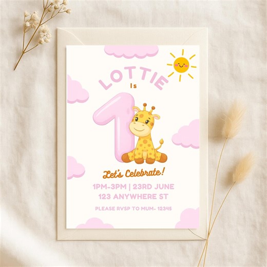 Giraffe 1st Birthday Invitation Girl | Editable Canva Invite - Etsy Canada