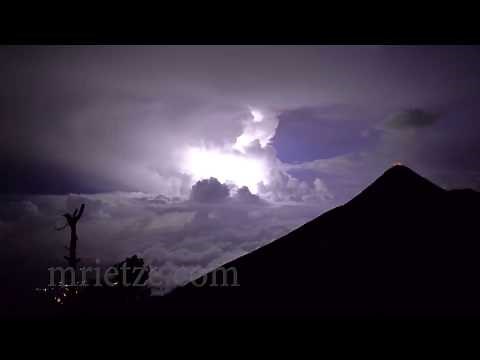 Thunderstorm lightning near Fuego volcano