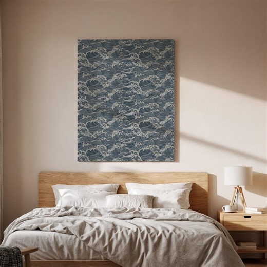 Japanese Wave Pattern, Framed Canvas Wall Art, Traditional Ocean Motif Artwork, Blue Toned Textile Style Design, New Home Decor, Canvas Art - Etsy