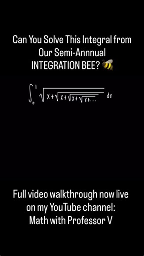 Professor V 👩‍🏫 on Instagram: "Can you solve this integral? 🧠 This one’s from our Integration Bee — try it before checking the full solution, which is live now on my YouTube channel. xoxo, Professor V #integraloftheday #integrationbee #calculus #calc2 #calc3 #multivariablecalculus #vectorcalculus #mathreels #mathchallenge #mathhelp #mathstudents #studygram #stemeducation #womeninstem #mathwithprofessorv #professorv #collegecalculus #apcalculus #engineeringstudents #learnmath"