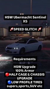 Midnight_Tuner_V on Instagram: "HSW Ubermacht Sentinel XS Updated I know you guys have seen the tutorial before but I added some more information at the beginning to make sure you're getting the max amount of performance out of it. The half cage DOES make a difference, probably some kind of collision happens to the rear wheels The glitch does work without a cage but you'll be slower so if you're okay with that then go nuts The wheels need to have skinny tires to really max it out on top speed du