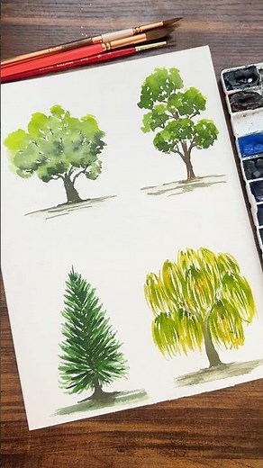 How to paint 4 watercolor trees for beginners
