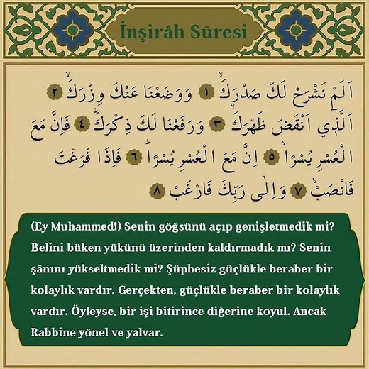 İnşirah Suresi Dinle | Arapça Okunuşu ve Türkçe Meali | Zorlukla Birlikte Kolaylık