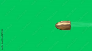 A close up, slow motion, shot of a bullet flying through the air with a smoke trail., over a green screen.