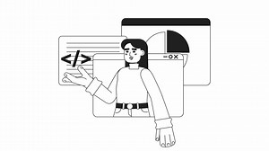 Animated mono web developer class. Programming software, tutorials. 2D black and white flat character 4K video footage with alpha channel transparency. Thin line art concept animation for web design