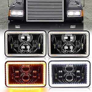 Auxbeam 4x6 LED Lights Hi/Lo Sealed Beam w/DRL & Turn Signal Light DOT Approved Rectangular Lamps Replacement H4651 H4652 H4656 H4666 H6545 Compatible with Peterbil Kenworth Freightliner 4PCS