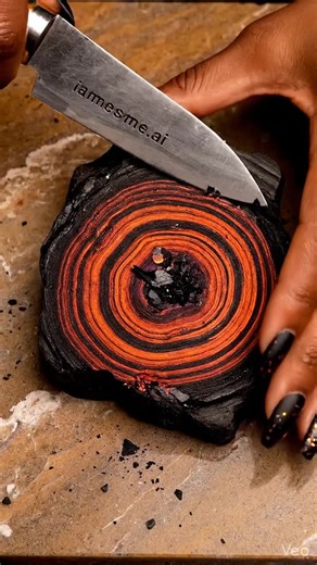 Volcanic ASMR transformation — no cuts, no jumps. An ancient Obsidian Relicwood block fractures under pressure, revealing a molten magma core that slowly collapses into a volcanic glass cream. Cracks snap, embers crumble, and obsidian ribbons stretch as the knife performs a single, continuous smear. This no-talking ASMR captures volcanic cracking, molten gel hiss, and slow metallic drag in one uninterrupted take. Dense textures, ember sparks, and pressure-driven motion make this a deeply oddly s
