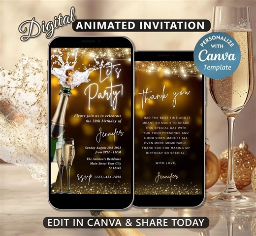Champagne Birthday Video Invitation, Luxury Animated Invite for Her, Editable Canva Template, Digital Download - Etsy