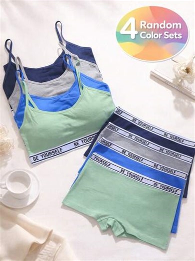 SIETE ROSA Teen Girls Cotton Underwear Set 4 Pack, Training Bras & Panties Solid Colors Ages 8-12 | SHEIN