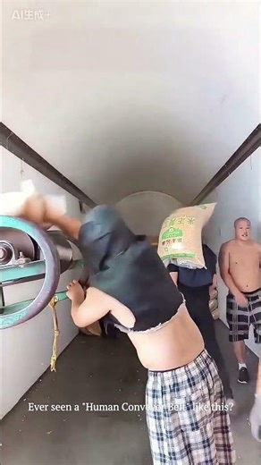 Manual unloading alongside a conveyor belt in a warehouse.
