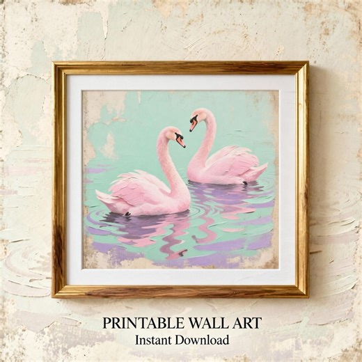 Pink Swan Wall Art Romantic Bird Couple Print Vintage Pastel Nursery Matte Download - Etsy