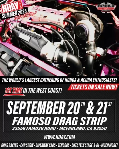 This is HDAY… the largest Honda event in the world. 🌎🔥 And for the first — and possibly last — time, we’re bringing it to Cali at Famoso Dragway. 🏁✨ But listen — this isn’t just a car show. 🚘 It’s not just a race event. 🏎️💨 This is an entire lifestyle. 🎶🏆 Think of it like the music festival of all things Honda — where the culture, the cars, and the community collide. Don’t miss out on this once-in-a-lifetime opportunity. 🚨 Secure your spot today — tickets on sale now at www.thefoat.com.