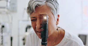 Eye exam equipment, light or woman face, ophthalmologist or professional expert for vision test, examination or assessment. Optometry tools, ophthalmoscope focus and mature oculist check eyesight