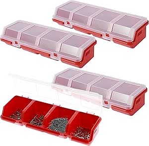 4 Pcs Plastic Screw Organizer Box Parts Box with 4 Compartment Small Tool Part Container Bin with Lid and Lock Divided Hardware Containers for Garage Tools Nails (Red)